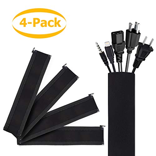 Cable Management Sleeve, Cord Organizer with Zipper, 19inch Neoprene Cable Cover Wire and Cord Hider for TV, Computer, Office, Home Set of 4- Black