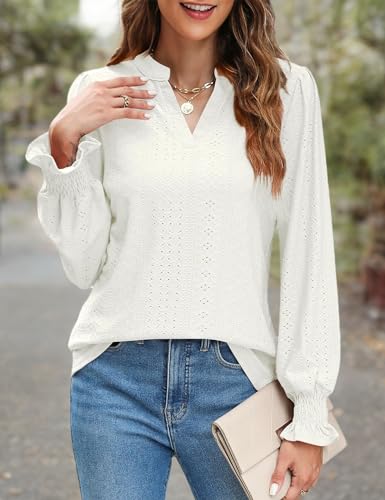 AMORETU WOMENS LACE T SHIRTS CASUAL V NECK TOPS PUFF LONG SLEEVE SHIRTS BLOUSE, WHITE S