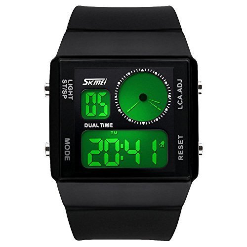 Gosasa Men's Dual Time LED Digital Sport Waterproof Watch with Colorful Light (Black)