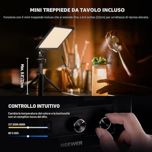 NEEWER 9" LED Panel Light, Dimming Lights for DSLR Camera with Mini Tripod, 4000mAh Battery, USB Type C Ports, 3200K~5600K CRI95+ 600Lux for Photography, Video, Streaming, NL-116AI