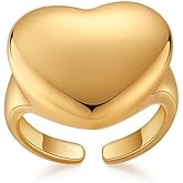 Chunky Thick Heart Statement Classical Ring for Women Open Band Stylish Stackable Wide Polished Gold Big Love Comfort Fit Knuckle Finger Rings Adjustable Wedding Promise Valentines Fashion Jewelry