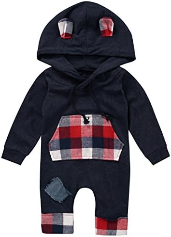 Newborn Baby Boy Long Sleeve Plaid Romper Sweatsuit Patch Hoodie with Pocket (18-24months, Navy Blue)