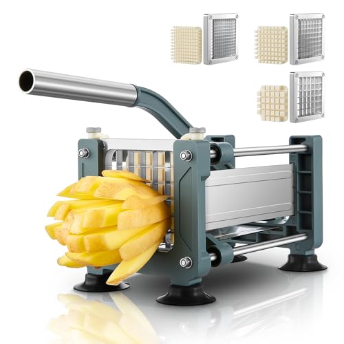 FOHRER Chip Cutter Stainless Steel Professional Manual Potato Cutter with 13, 9, 6 mm Stainless Steel Blades, Blue