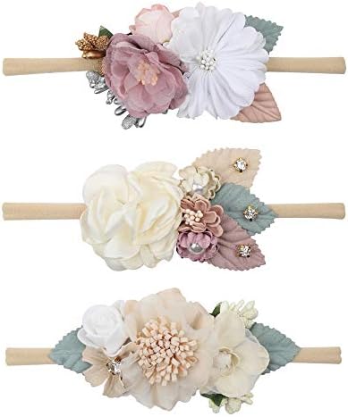 Baby Girl Floral Nylon Headband Elastic Hair Band Bows Flower Wraps For Newborn Infant Toddler Pack of 3