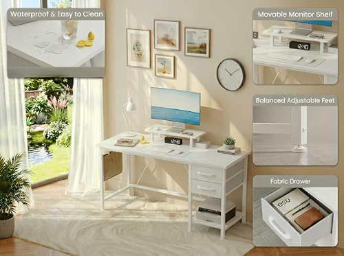 Xyphren 100cm Computer Desk with Drawers & Power Outlets, Office Desk with Storage Monitor Stand, Reversible Small Desks for Home Office Bedroom, White