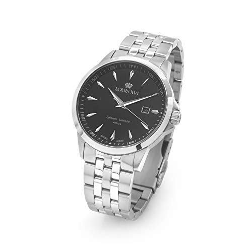 LOUIS-XVI-Herren-Armbanduhr-Athos-Slim-Stahlband-Silber-Schwarz-Analog-Quarz-Edelstahl-926