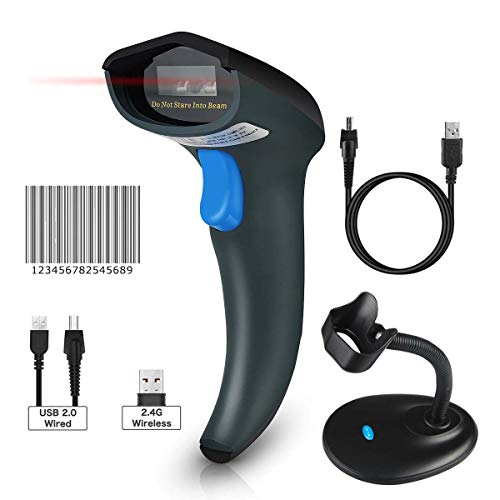 NETUM Barcode Scanner Wireless 2-in-1 (2.4Ghz Wireless+USB 2.0 Wired) Rechargeable Automatic 1D Barcode Reader USB Handheld Bar Code Scanner with Stand