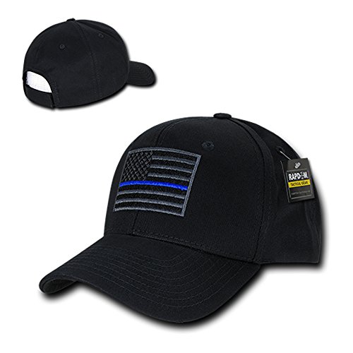 USA American Flag Embroidered 6 Panel Adjustable Operator Cap - Thin Blue Line - BLACK