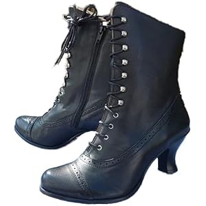 QXNNSYLLIX Victorian Boots for Women 70s Vintage Ankle Boots Almond Toe Lace up Mid Calf Booties with Zipper Witch Granny Boo