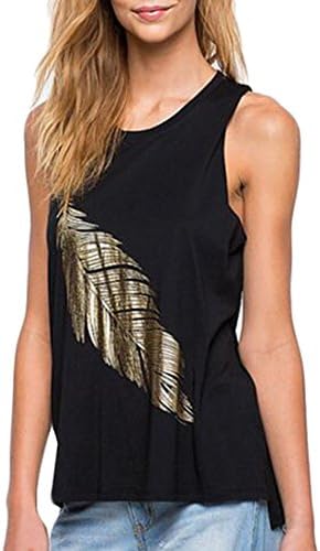 YLnini Women Hip Hop Style Gold Foil Feather Sleeveless Tank Top Black S