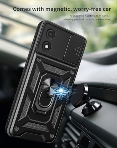 UPLAI Case for Motorola Moto E13 4G, Ultra Slim Anti-Shock Armor Case with Slide Camera Cover and Stand Magnetic Ring, PC+TPU Durable Case Case.Black