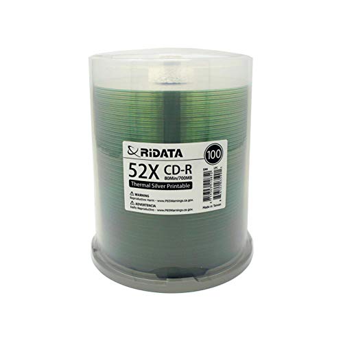 100 Pack Ridata CD-R 52X 700MB 80Min Silver Thermal Hub Printable Blank Media Recordable Disc