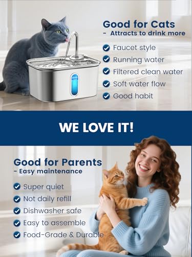 Cat Water Fountain Stainless Steel for Cats Indoor 2.5L 85oz by BPA-Free SUS304, Effective 6-Layer Filter Cat Fountain for Drinking 20dB Ultra Quiet Metal Pet Water Fountain (Fountain+1 Filter)