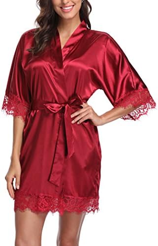 Women's Short Satin Kimono Robes Pure Color Bridemaids Robe Silky Sleepwear with Lace Trim