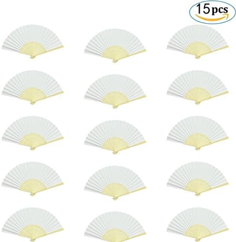 HYHP 15 Pieces Paper Folding Fans, Wedding Fold Fans White Bamboo Paper Fans Bamboo Hand Held Fan for Wedding Party, Home Decoration, Kids Painting, Kids Drawing