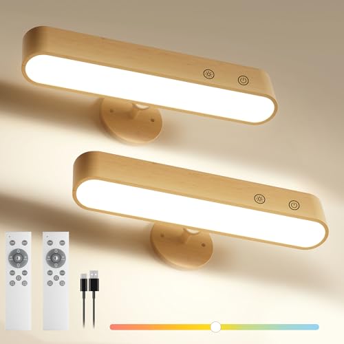 Lampara de Pared Recargable Inalambrica, Juego de 2 Apliques de Pared LED con Control Remoto, Luz RGB 15 Colores, 3 CCT Regulable, Rotación Magnética 360°, Lamparas de Pared Interior de Madera