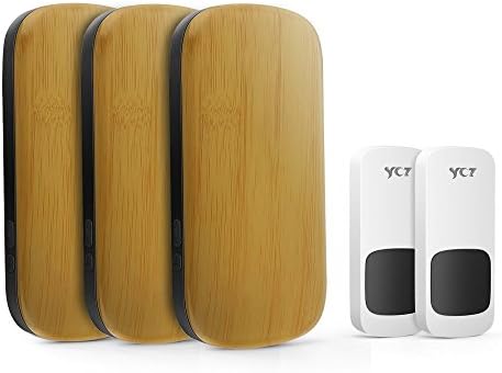 YCZ Wireless Waterproof Remote Doorbell with 2 Remote Button and 3 Plugin,Operating at over 500-feet Range with Over 50 Chimes,No Batteries Required for Receiver, Wood grain,(Light-colored wood)