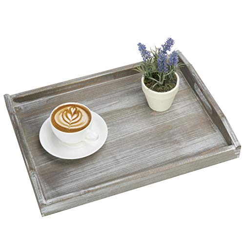 MyGift Rustic Gray Wood Decorative Serving Tray with Handles