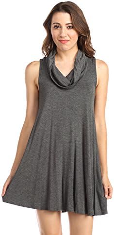 Solid Colored Dress, with cowl neckline and wide flared hem line detail. (Large, Charcoal)