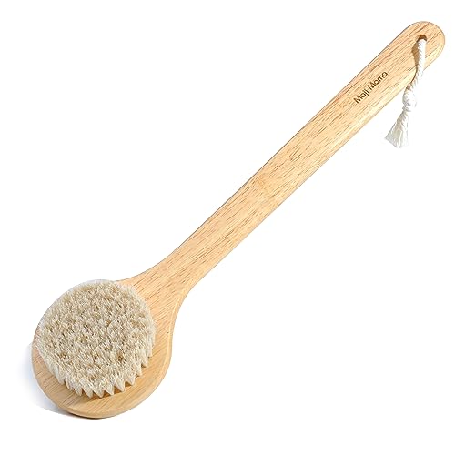 Maji Mama 100% Horse Bristles Long Handle Bath Brush Oak Wood Shower Brush Natural Bristles for Wet or Dry Brushing, Back Scrubber for Gentle Exfoliating and Cleaning