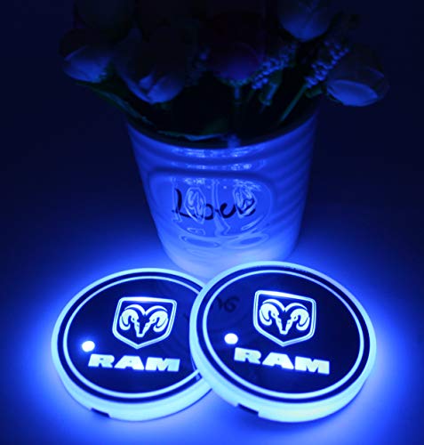 2pcs LED Car Cup Holder Lights for Dodge RAM, 7 Colors Changing USB Charging Mat Luminescent Cup Pad, LED Interior Atmosphere Lamp