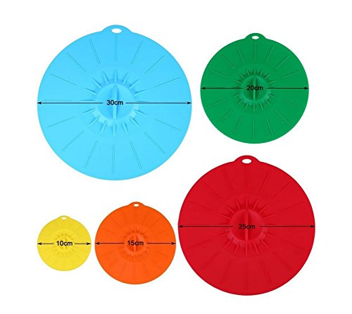 HuiSiFang Silicone Suction Lids Set of 5 and Food Cover Combo for Bowls, Pots, Pans and Skillets. Microwave and Food Covers