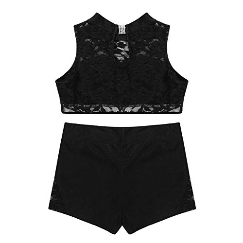 inhzoy Kids Girls Tankini Outfit Set 2-Piece Gymnastics Leotard Ballet Jazz Dance Sleeveless Lace Crop Top with Shorts Black 10