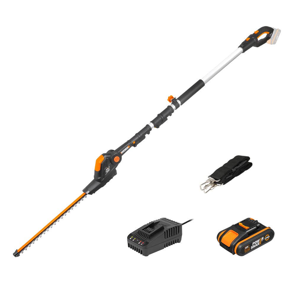WORX WG252E 20V Cordless Pole Hedge Trimmer 45cm, Reach Up to 2.8m, Multi-angle adjustable head with Powershare Battery and Charger