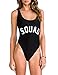 Women's Letter Print Backless One Piece Monokini Bikini (Medium, Black SQUAD)