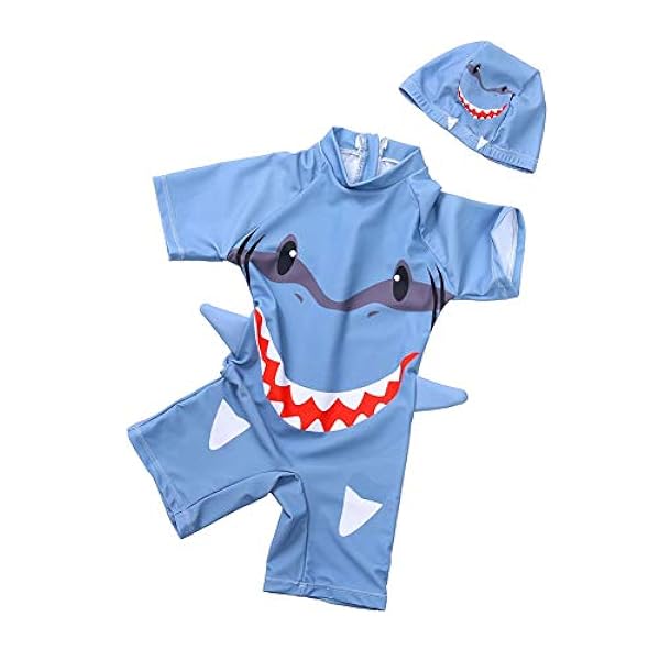 Kp Cc Boys Swimming Costume One Piece Cartoon Shark Swimwear With Cap Kid Swimwear Bathing Suit Rash