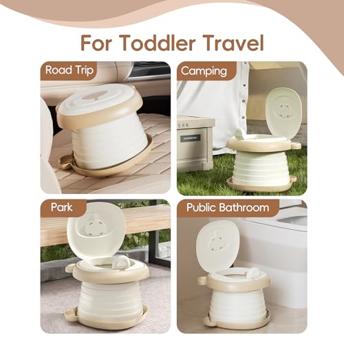 AKIMRABY Travel Potty Seat for Toddler，Foldable Car Potty for Toddler, Portable Toilet Seat for Kids with Potty Liners, Absorbent Pads, Portable Potty Seat for Toddler Travel, Camping and Outdoor Use