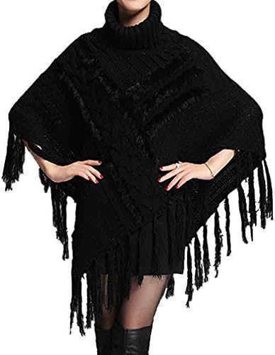 AMCLYZH Women's Tassel Winter Scarf Knitted Shawl Poncho Capes Loose Cardigans Sweater Coat With Batwing Sleeve-Black