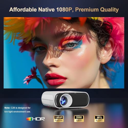 [Built-in Apps/GoogIe TV] Smart Projector 4K Supported, Goiaey C26 Mini Projector with HDR 10, WiFi Cast, GoogIe Voice, Native 1080P Portable Projector for Outdoor Movie/Home Theater