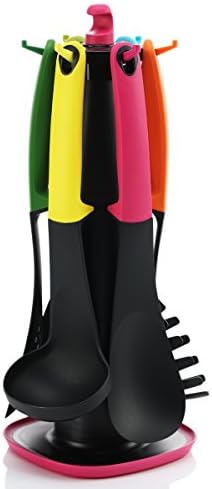 Homeful 7 Pieces Heat Resistant Nylon Kitchen Utensils Tools Set with Raised Up Silicone Handle and 360 Degree Carousel Stand Multi Color