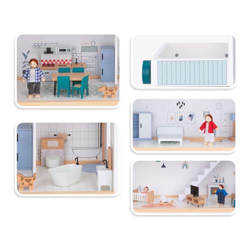 OOOK Wooden Dollhouse with Elevator, Large Doll House for Girls from 3 Years, Includes 21 Furniture, 4 Family Dolls and a Dog
