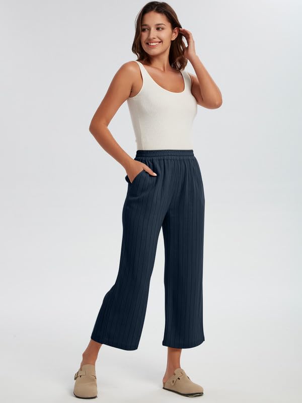Les umes Women's Summer 7/8 High Waist Linen Pants with Pockets | Comfy Linen Striped Printed Capri Wide Leg Palazzo