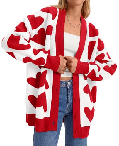 Saodimallsu Womens Heart Cardigan Sweaters Cute Valentines Oversized V Neck Button Up Winter Sweater Coats White at Amazon