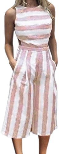 Hatoppy Women Sleeveless Striped Jumpsuit Casual Clubwear Wide Leg Pants Outfit (XL, Pink)
