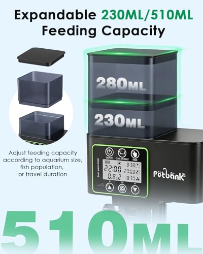 Petbank Automatic Fish Feeder for Aquarium, 230/510ML Adjustable Timer Fish Feeder Dispenser with 0.1-2g Precision Feeding, Feed Cleaning & Shortage Alert,Moisture-Proof, LCD Display,USB Rechargeable