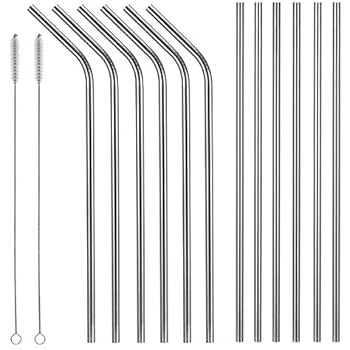 X-Chef Stainless Steel Straws, 10.5 inch Reusable Drinking Straws Set(6 Straight and 6 Bend) for 20 and 30 OZ Yeti Rtic Tumbler, with 2 Cleaning Brushes