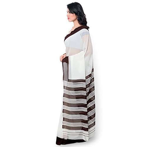Janasya Women's Cream & Brown Printed Georgette Saree - Image 3