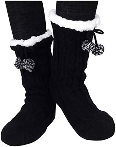 Marlong Women Super Soft Warm Winter Fuzzy Fleece Lined Knitted Slipper Socks with Grippers Pom Pom for Christmas (Black)