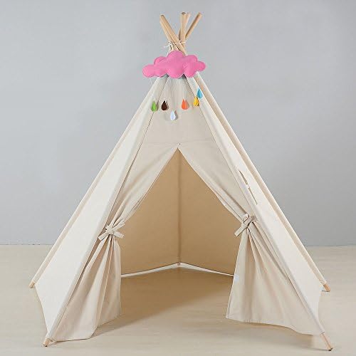 Clevr 5-sided 6' Kids Indoor Outdoor Teepee Play Tent, White Ready-to-Paint Canvas with Pink Cloud Decor, Classic Traditional Indian Play Tent with Five-Sided Walls with Door and Window