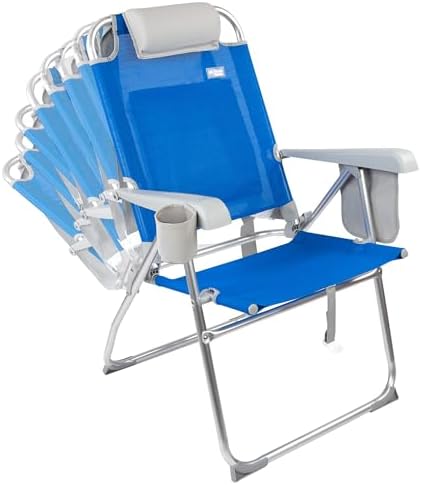 Pack 2 sillas de Playa Plegables, 47x63x99 cm, 8 Posiciones, Color Azul, Soportan 110 kg, Incluyen cojín, Posavasos, Bolsillos, Asas de Transporte, Topes antivuelco, Tejido textileno (85482)