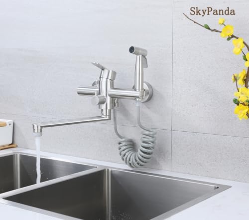 Kitchen Faucet, Wall Mounted, Kitchen Faucet with Spray Gun, 360° Rotatable 23 cm Swivel Hose, Hot and Cold, 4 Working Modes, Brushed Nickel 304