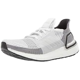 Adidas Women’s Ultraboost 19 running shoe, White/Grey, side view, featuring a breathable mesh upper and cushioned midsole.