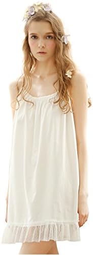 Women Sexy Cotton Sleepwear Lace Neck Chemise, Victorian Sleeveless Nightgown