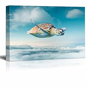 Funny Flying Animals Canvas Wall Art - Turtle Flying Above The Clouds in The Sky - Gallery Wrap Nursery Wall Decoration/Kids