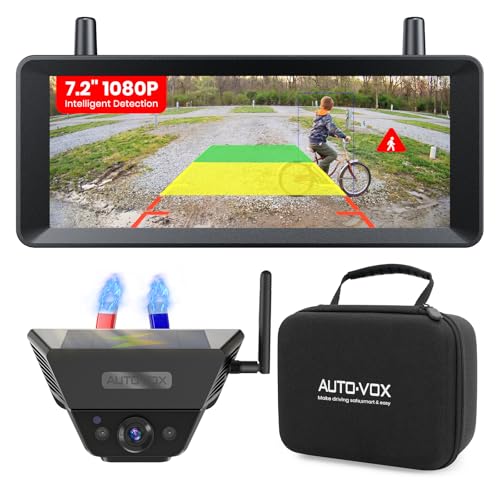 AUTO-VOX Wireless Backup Camera with Smart Detection, Solar Magnetic System: Easy 1-Min Install, 7.2" 1080P Monitor with Dual Split View, Long Range Stable Signal, IR Night Vision for Truck RV Trailer