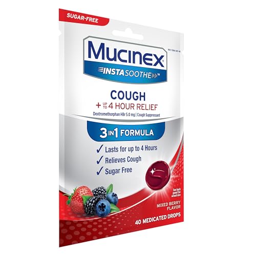 MUCINEX INSTASOOTHE SUGAR FREE COUGH DROPS, COUGH MEDICINE FOR ADULTS WITH DEXTROMETHORPHAN HBR, NON MENTHOL COUGH DROPS, COUGH SUPPRESSANT LOZENGES, MIXED BERRY MEDICATED COUGH DROPS, 40CT